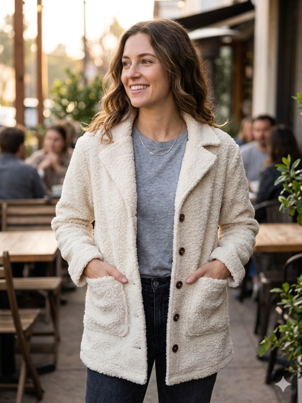 LIV Outdoor Cream Teddy Button-Down Coat with Patch Pockets